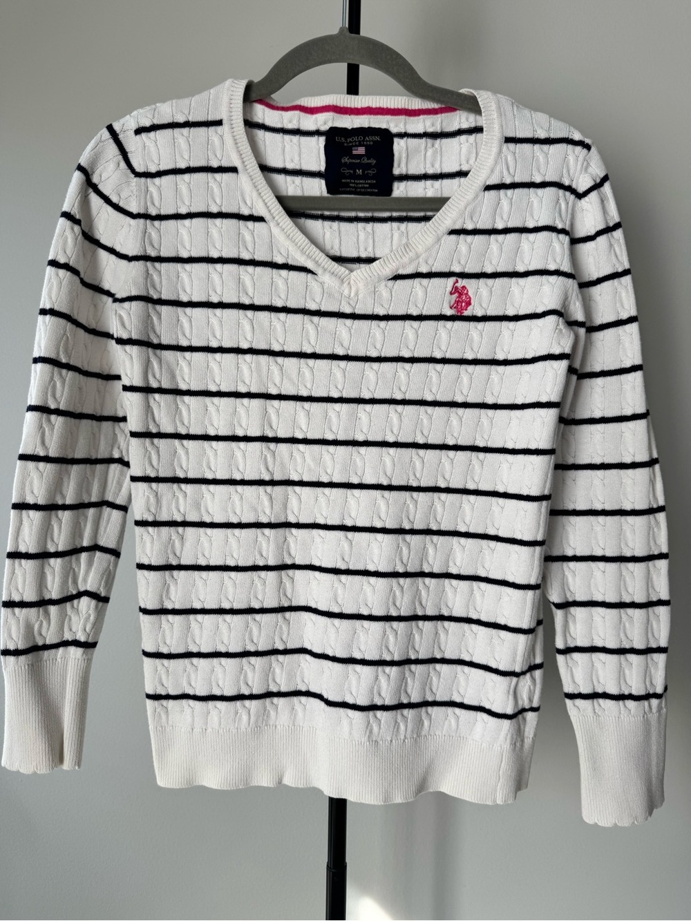 U.S. Polo Assn. White Navy Striped V-Neck Cable Knit Sweater with Pink Logo